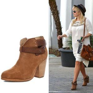 Rag & Bone Harrow Bootie Tan Brown Suede Ankle Boots Leather Strap Size 37/7